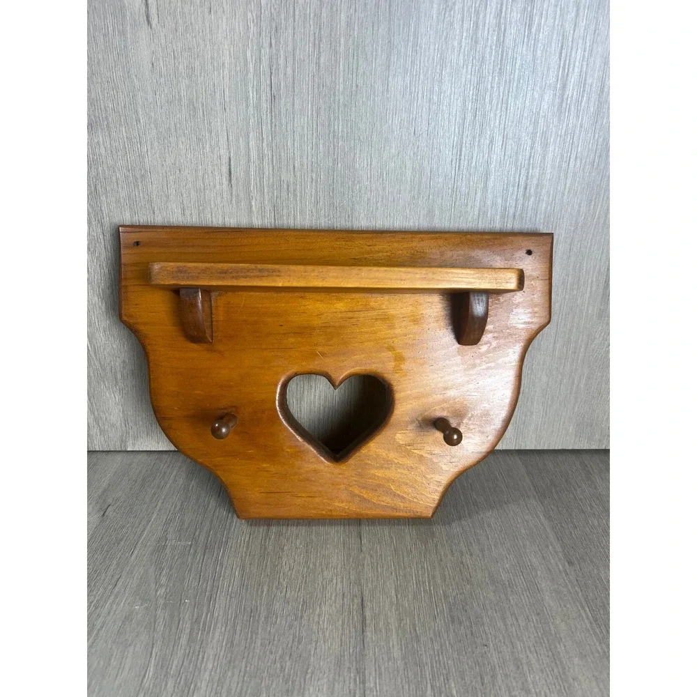 Vintage Handmade Wooden Heart Wall Shelf with Peg Hooks Country Farmhouse Decor